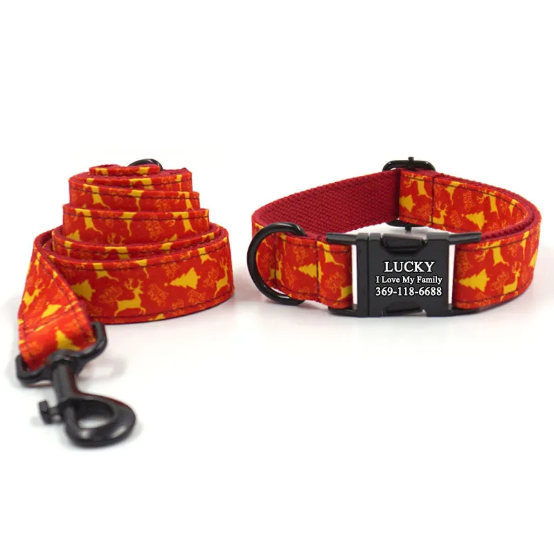 Personalized Dog Collar Set Engraved Balck Metal Buckle Red Deer Christmas