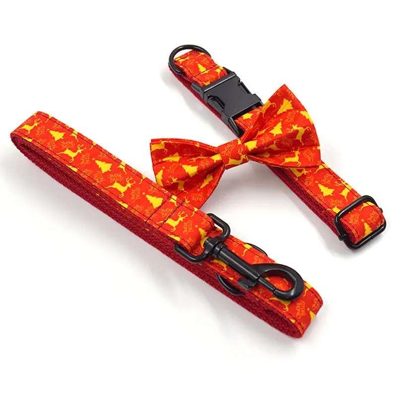 Personalized Dog Collar Set Engraved Balck Metal Buckle Red Deer Christmas