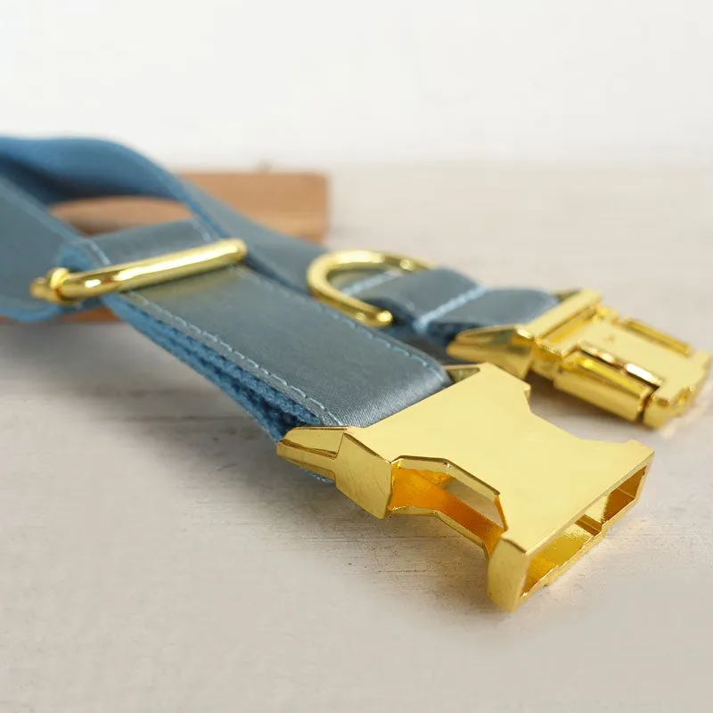Personalized Dog Collar Set Engraved Bright Gold Buckle Blue Sating
