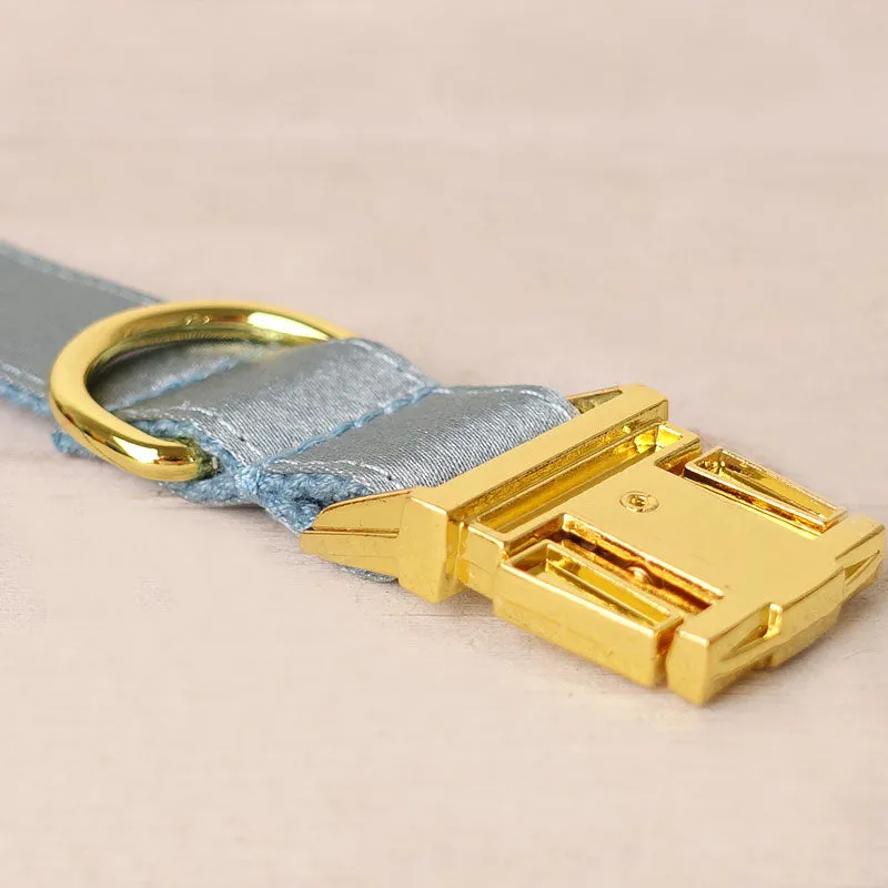 Personalized Dog Collar Set Engraved Bright Gold Buckle Blue Sating