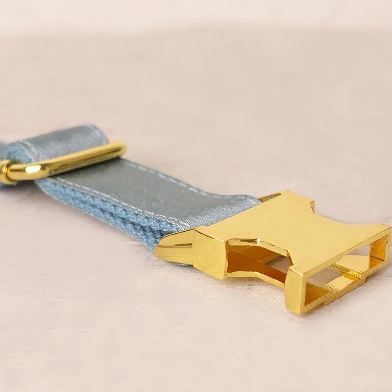 Personalized Dog Collar Set Engraved Bright Gold Buckle Blue Sating
