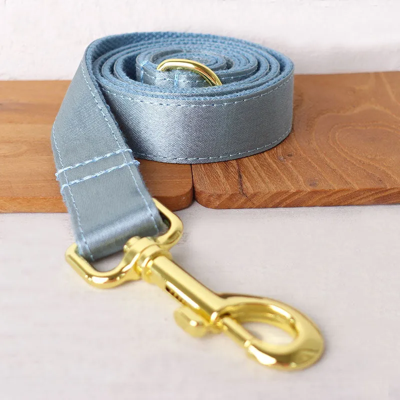 Personalized Dog Collar Set Engraved Bright Gold Buckle Blue Sating