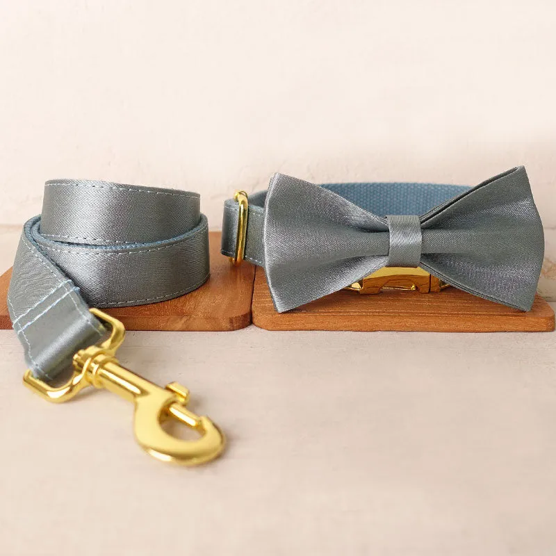 Personalized Dog Collar Set Engraved Bright Gold Buckle Blue Sating
