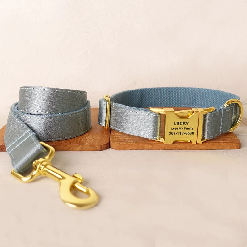 Personalized Dog Collar Set Engraved Bright Gold Buckle Blue Sating