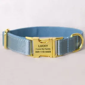 Personalized Dog Collar Set Engraved Bright Gold Buckle Blue Sating