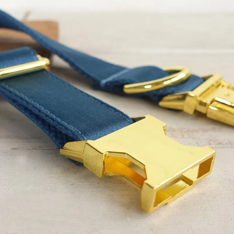 Personalized Dog Collar Set Engraved Bright Gold Buckle Ocean Blue Sating