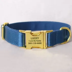 Personalized Dog Collar Set Engraved Bright Gold Buckle Ocean Blue Sating