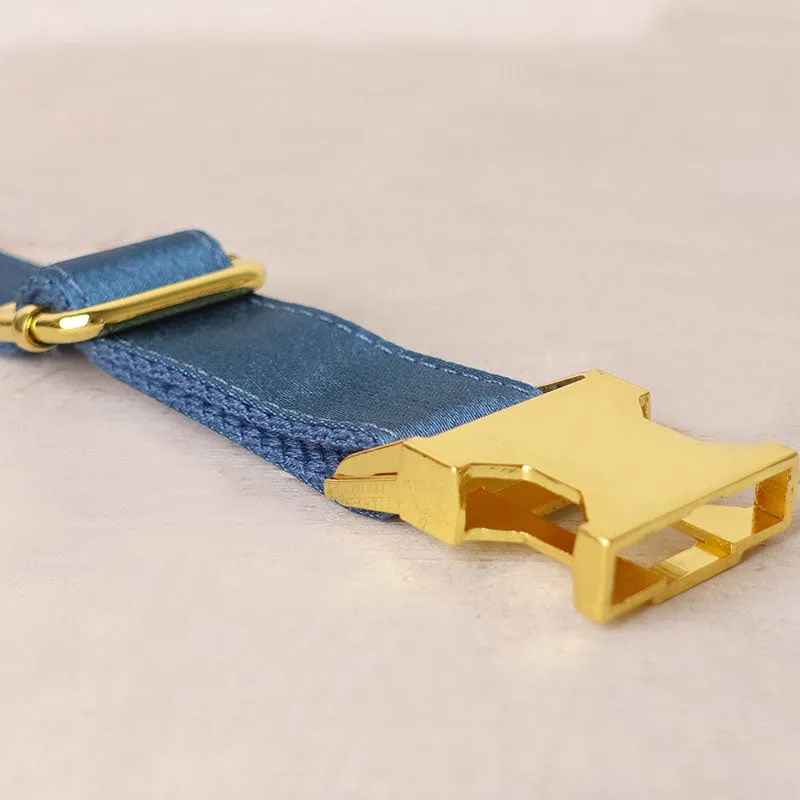 Personalized Dog Collar Set Engraved Bright Gold Buckle Ocean Blue Sating