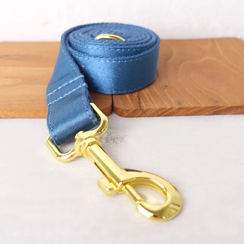 Personalized Dog Collar Set Engraved Bright Gold Buckle Ocean Blue Sating