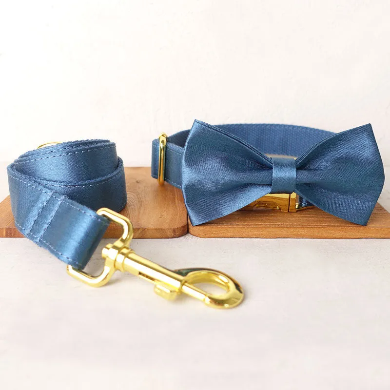 Personalized Dog Collar Set Engraved Bright Gold Buckle Ocean Blue Sating
