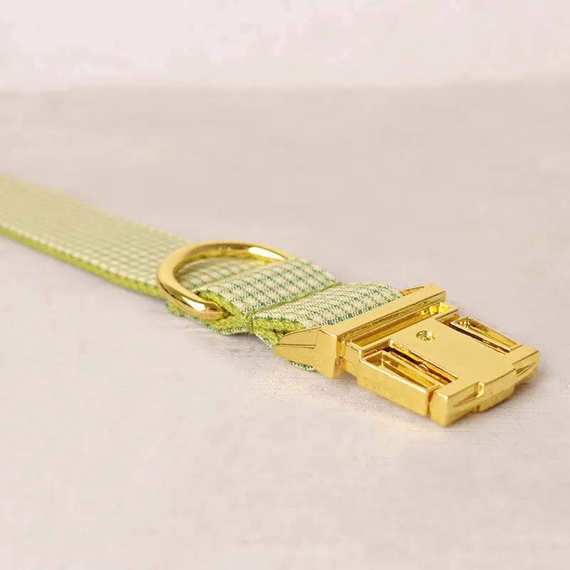 Personalized Dog Collar Set Engraved Bright Gold Buckle Olive Plaid