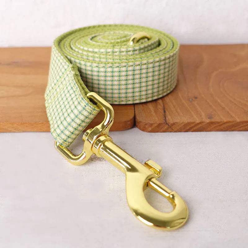 Personalized Dog Collar Set Engraved Bright Gold Buckle Olive Plaid