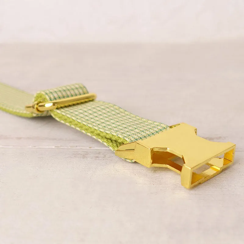 Personalized Dog Collar Set Engraved Bright Gold Buckle Olive Plaid
