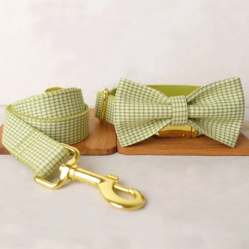 Personalized Dog Collar Set Engraved Bright Gold Buckle Olive Plaid
