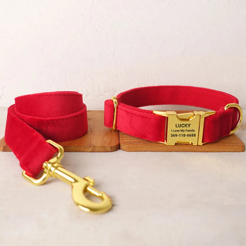 Personalized Dog Collar Set Engraved Bright Gold Buckle Red Velvet