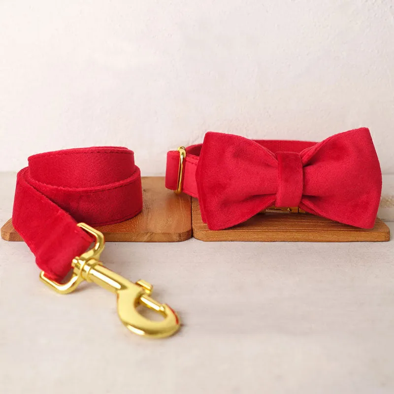 Personalized Dog Collar Set Engraved Bright Gold Buckle Red Velvet