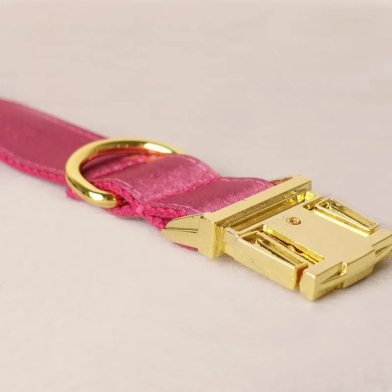 Personalized Dog Collar Set Engraved Bright Gold Metal Buckle Red Sating
