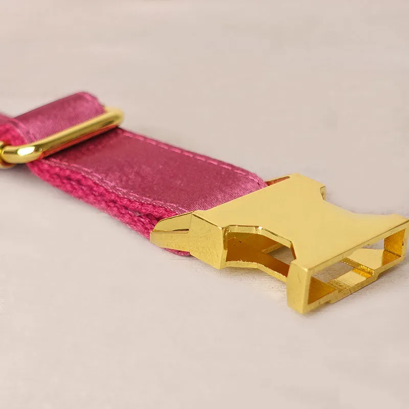Personalized Dog Collar Set Engraved Bright Gold Metal Buckle Red Sating