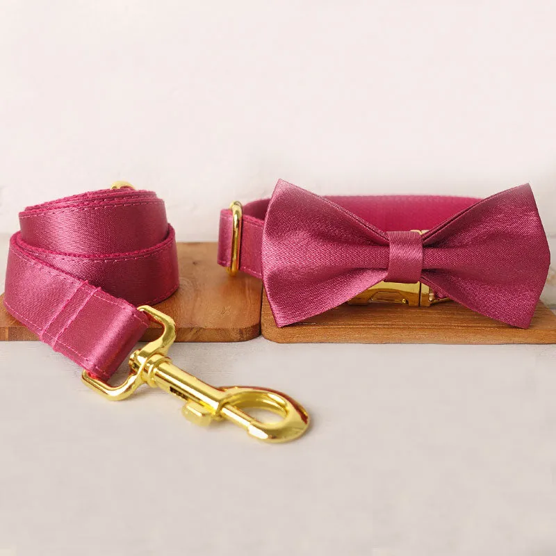 Personalized Dog Collar Set Engraved Bright Gold Metal Buckle Red Sating