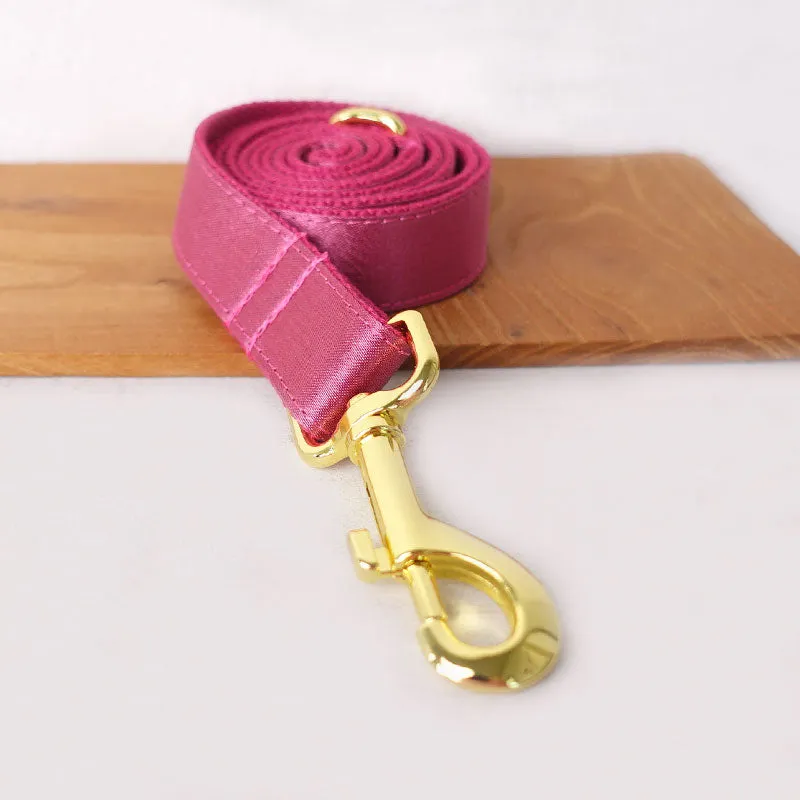 Personalized Dog Collar Set Engraved Bright Gold Metal Buckle Red Sating