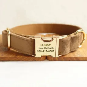 Personalized Dog Collar Set Engraved Gold Buckle Camel Velvet