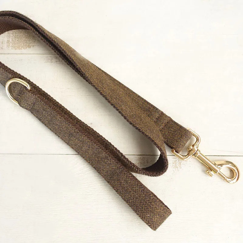 Personalized Dog Collar Set Engraved Gold Buckle Dark Brown Tweed