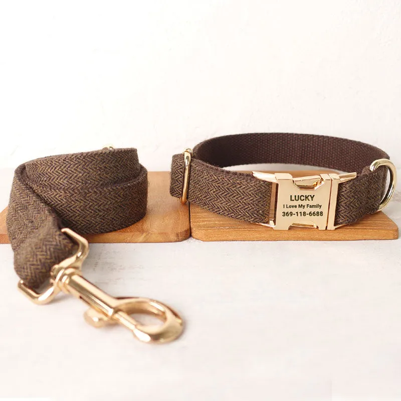 Personalized Dog Collar Set Engraved Gold Buckle Dark Brown Tweed