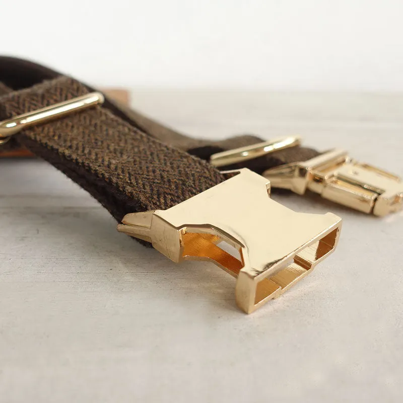 Personalized Dog Collar Set Engraved Gold Buckle Dark Brown Tweed
