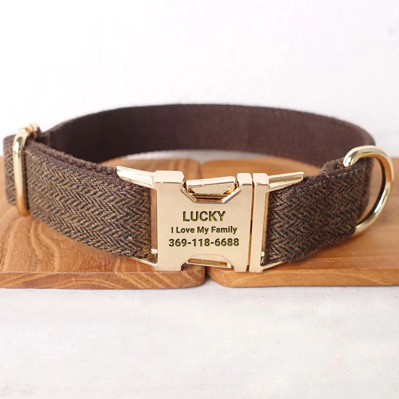 Personalized Dog Collar Set Engraved Gold Buckle Dark Brown Tweed
