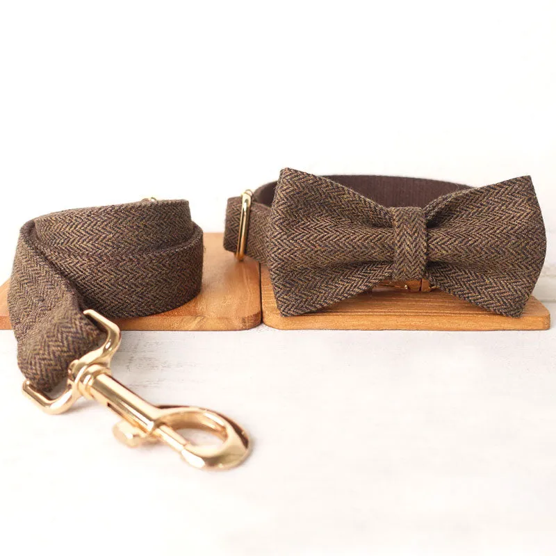 Personalized Dog Collar Set Engraved Gold Buckle Dark Brown Tweed