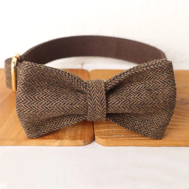 Personalized Dog Collar Set Engraved Gold Buckle Dark Brown Tweed