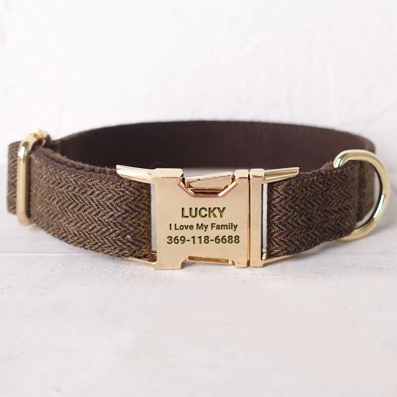 Personalized Dog Collar Set Engraved Gold Buckle Dark Brown Tweed