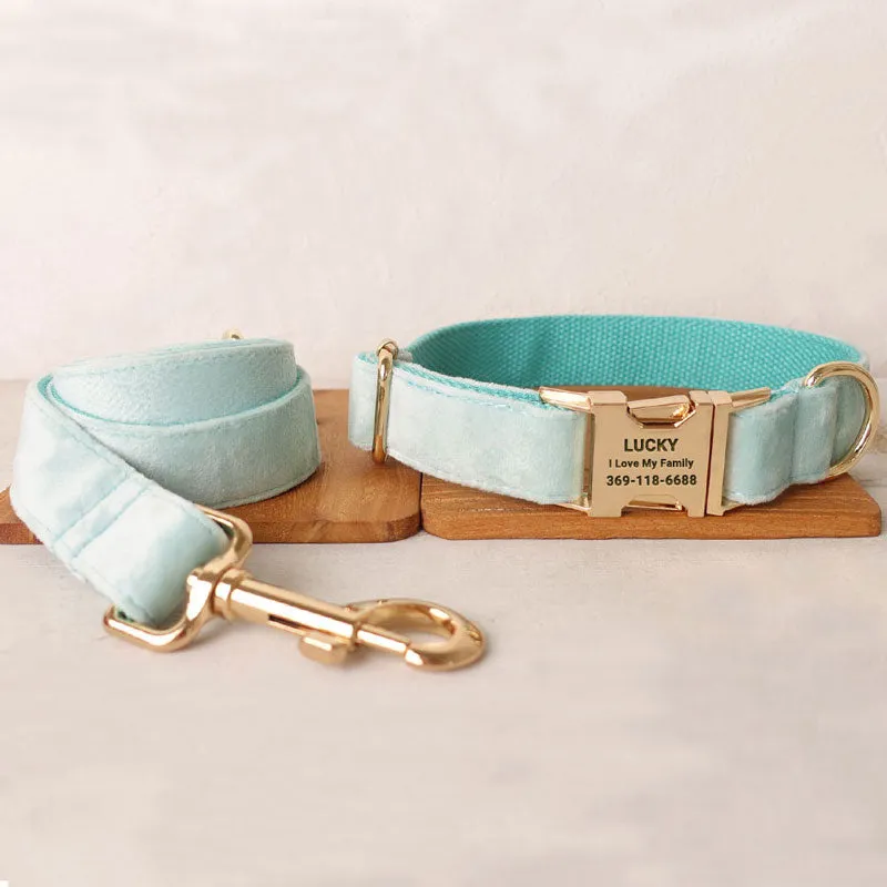 Personalized Dog Collar Set Engraved Gold Buckle Mint Blue Velvet