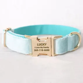 Personalized Dog Collar Set Engraved Gold Buckle Mint Blue Velvet