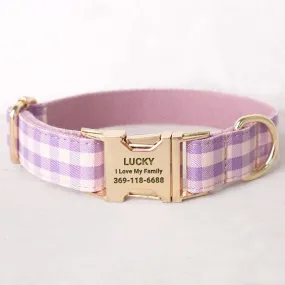 Personalized Dog Collar Set Engraved Gold Buckle Pink Plaid