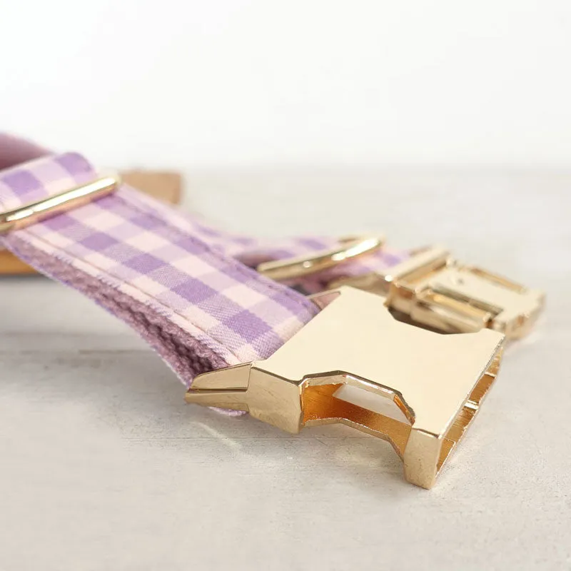 Personalized Dog Collar Set Engraved Gold Buckle Pink Plaid