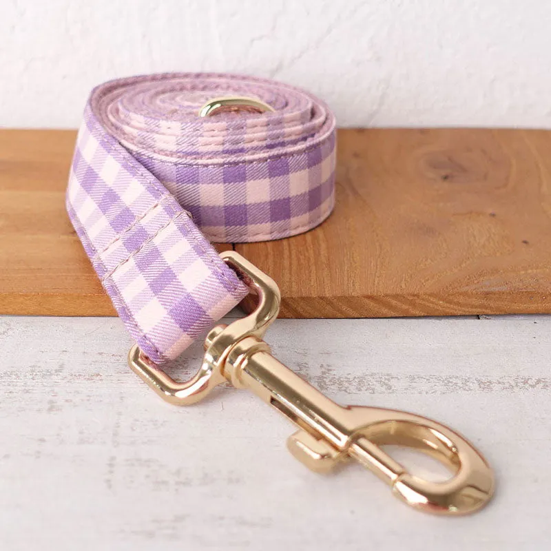 Personalized Dog Collar Set Engraved Gold Buckle Pink Plaid