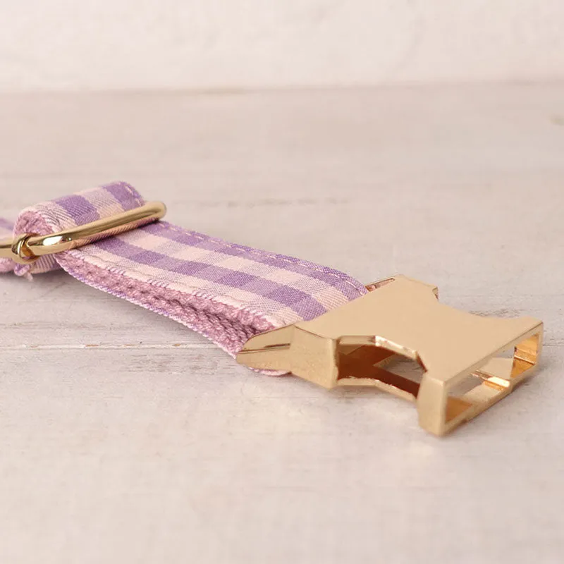 Personalized Dog Collar Set Engraved Gold Buckle Pink Plaid