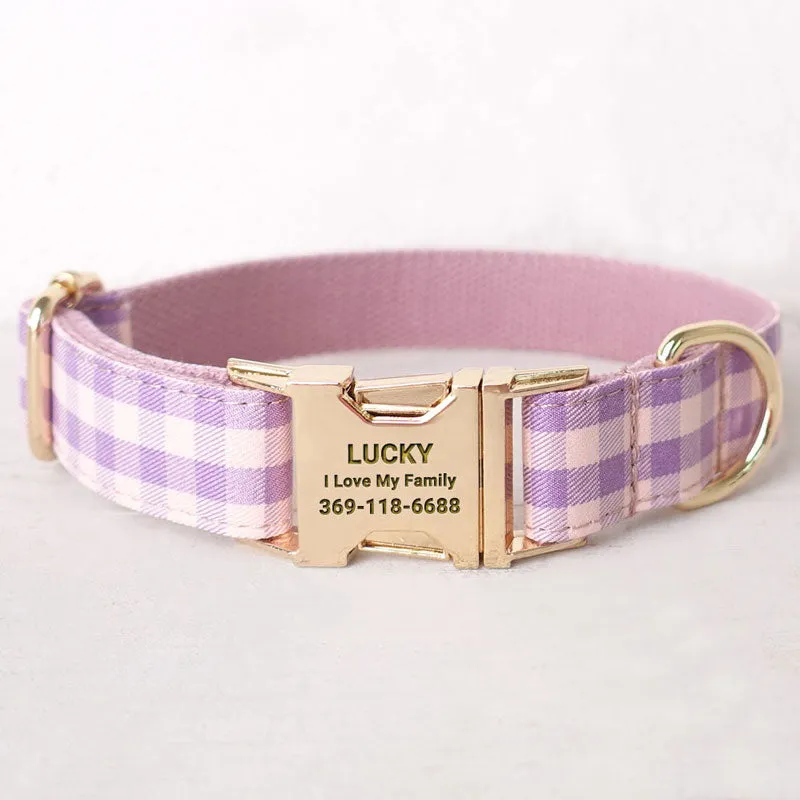 Personalized Dog Collar Set Engraved Gold Buckle Pink Plaid