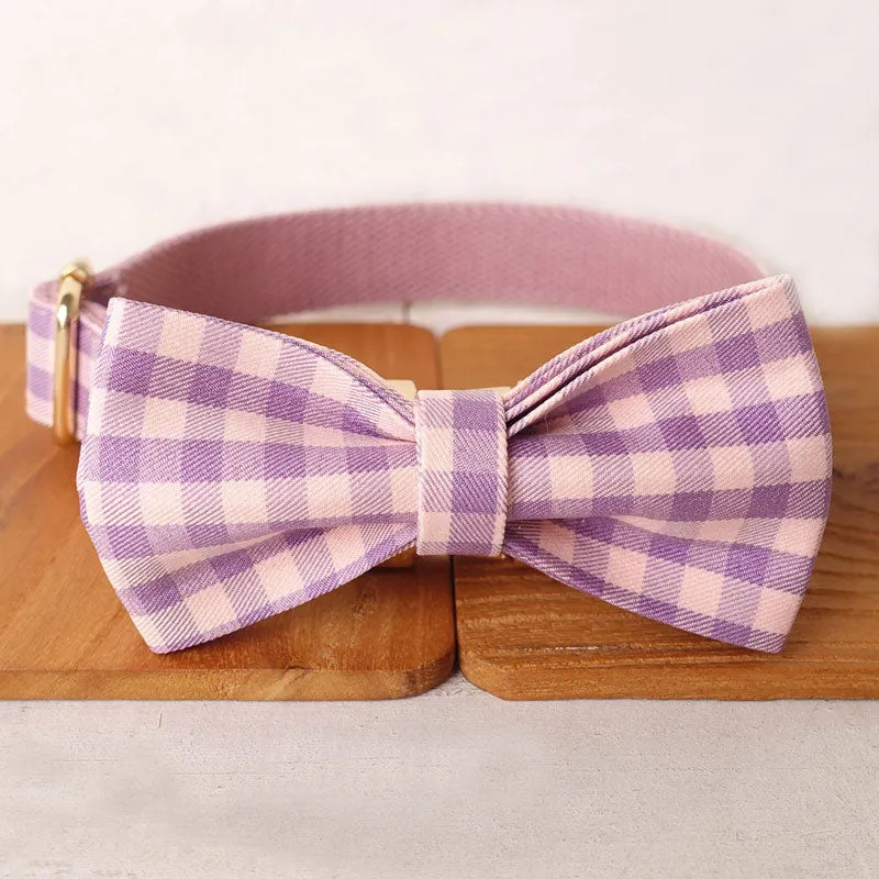 Personalized Dog Collar Set Engraved Gold Buckle Pink Plaid