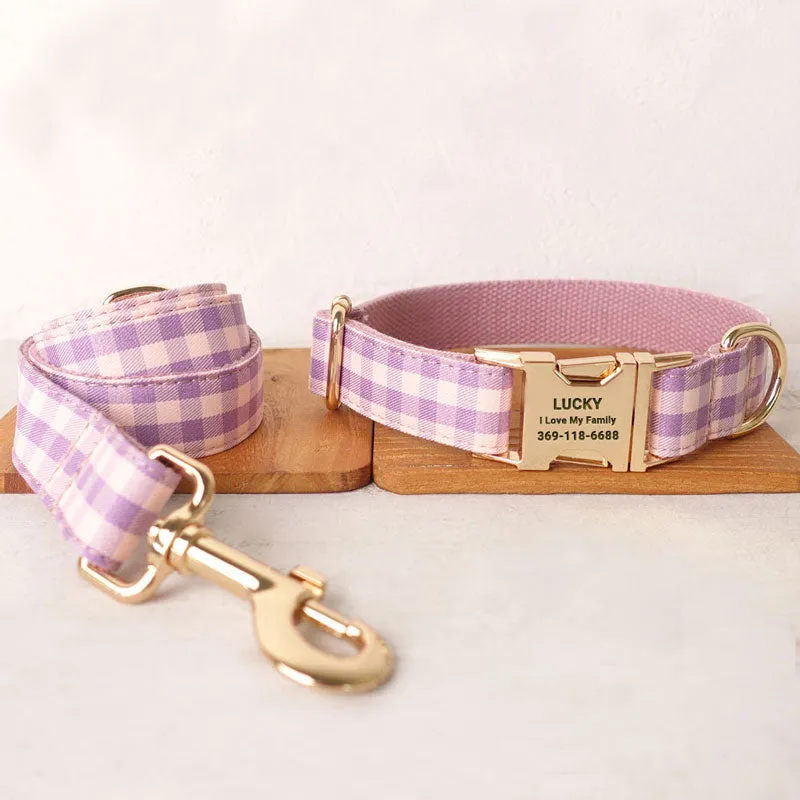 Personalized Dog Collar Set Engraved Gold Buckle Pink Plaid