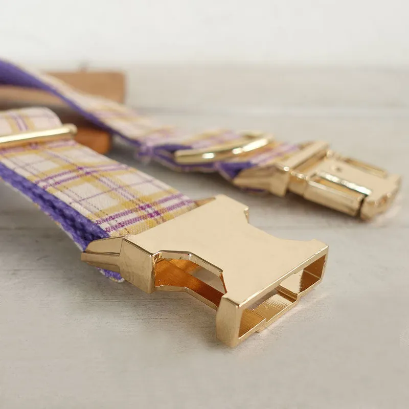 Personalized Dog Collar Set Engraved Gold Buckle Purple Plaid