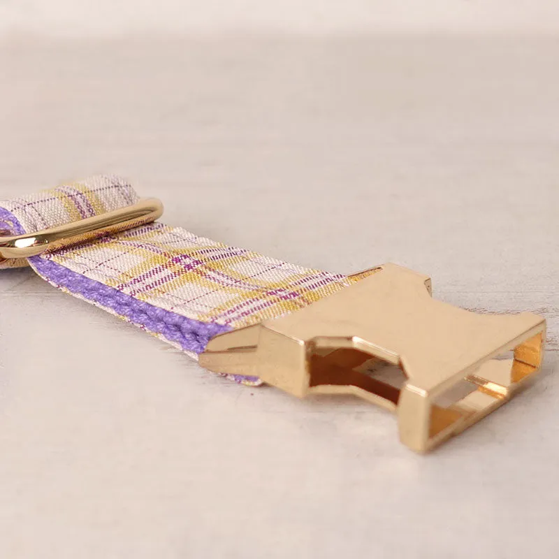 Personalized Dog Collar Set Engraved Gold Buckle Purple Plaid