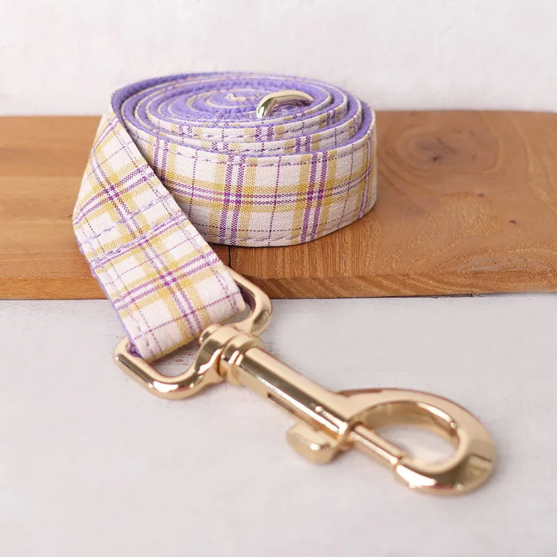 Personalized Dog Collar Set Engraved Gold Buckle Purple Plaid
