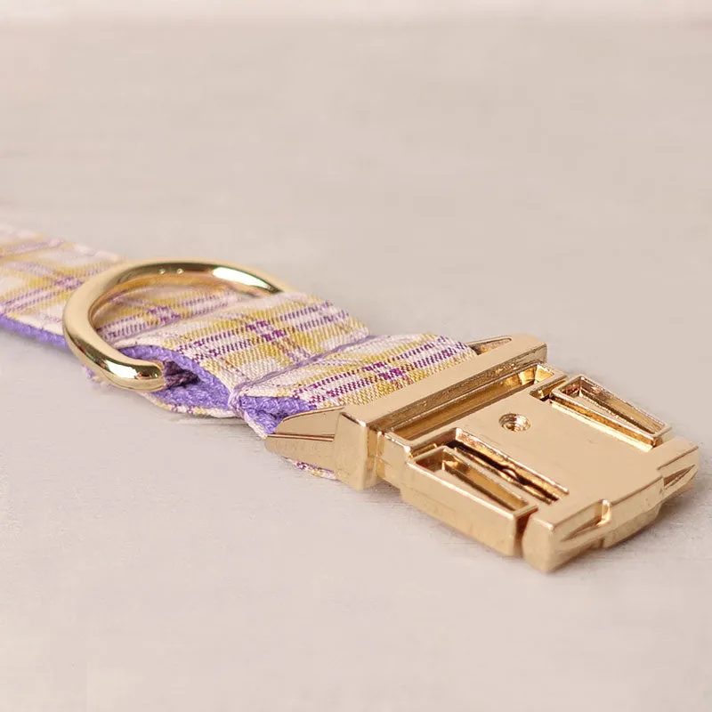 Personalized Dog Collar Set Engraved Gold Buckle Purple Plaid