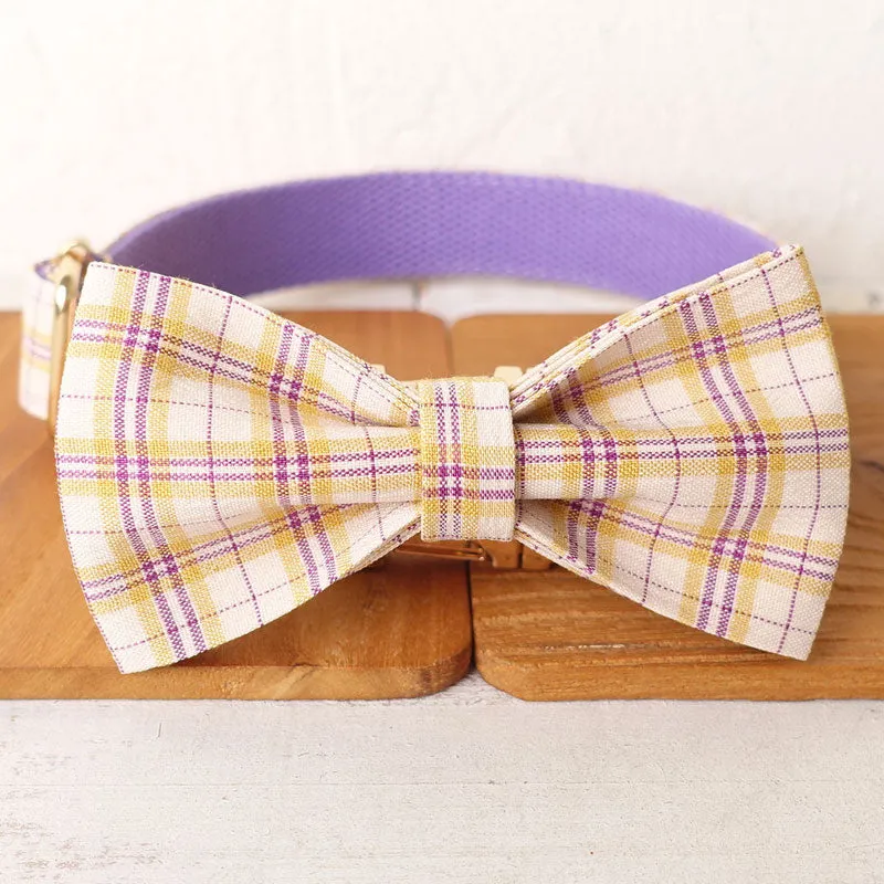 Personalized Dog Collar Set Engraved Gold Buckle Purple Plaid