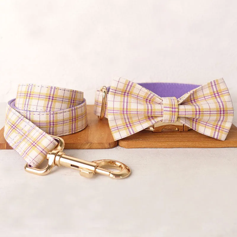 Personalized Dog Collar Set Engraved Gold Buckle Purple Plaid