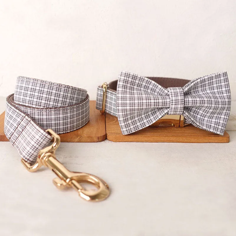 Personalized Dog Collar Set Engraved Gold Buckle White Brown Plaid