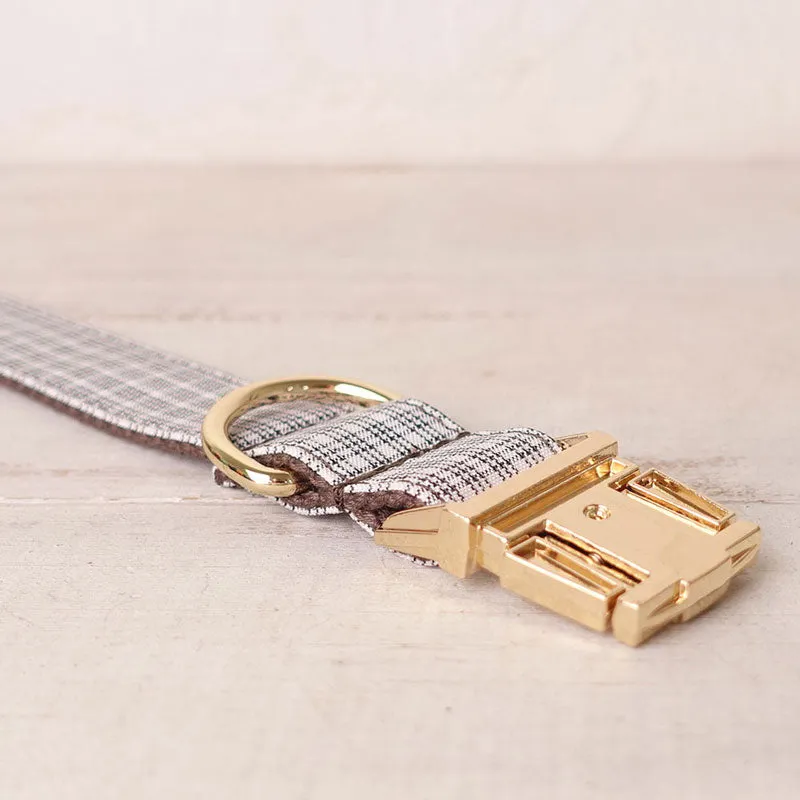 Personalized Dog Collar Set Engraved Gold Buckle White Brown Plaid