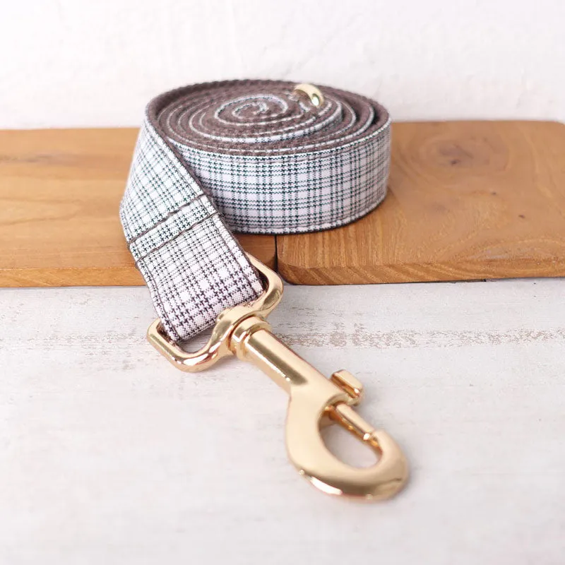 Personalized Dog Collar Set Engraved Gold Buckle White Brown Plaid